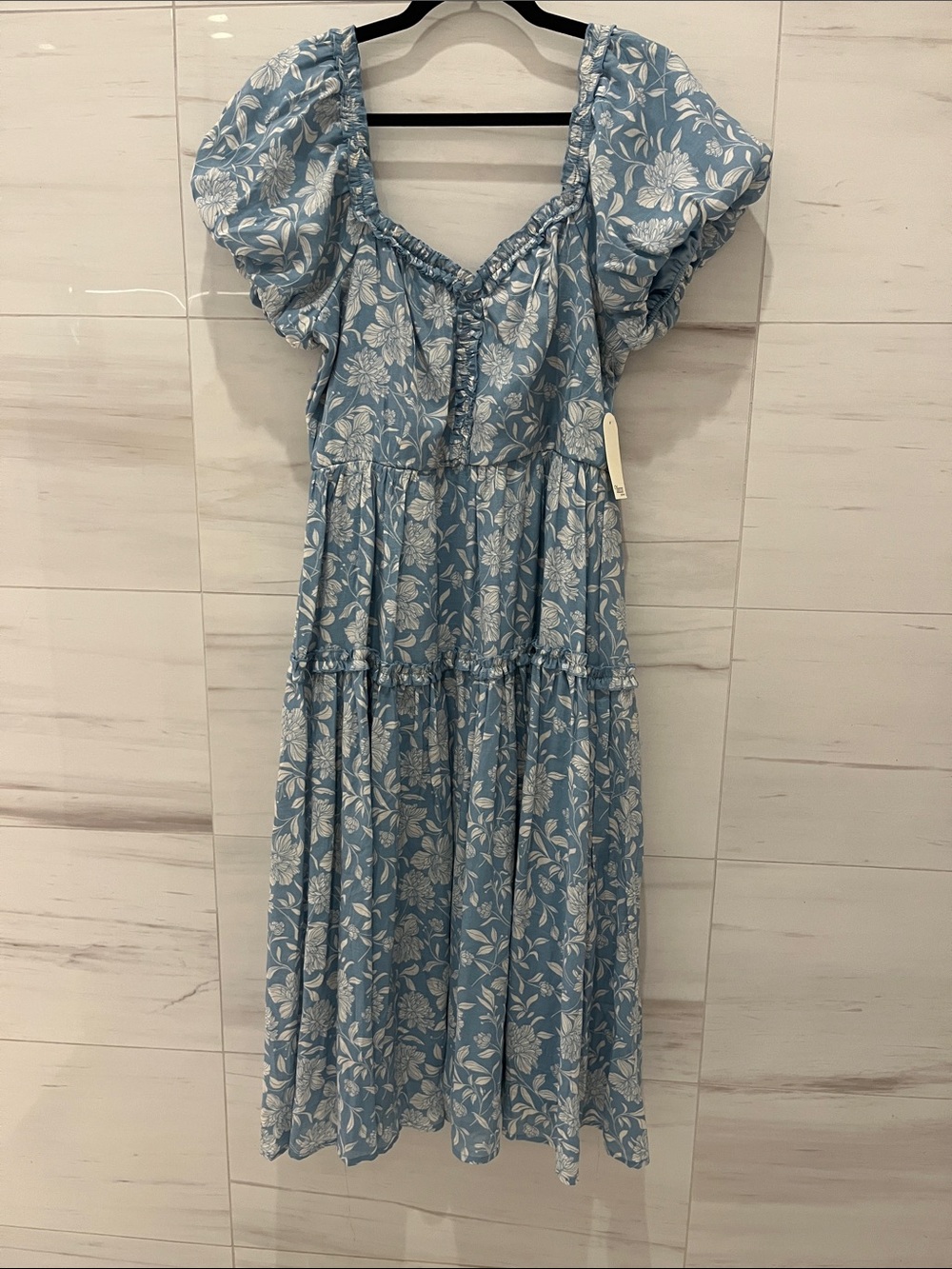 Light Blue Floral Puff-Sleeve Tiered Midi Dress